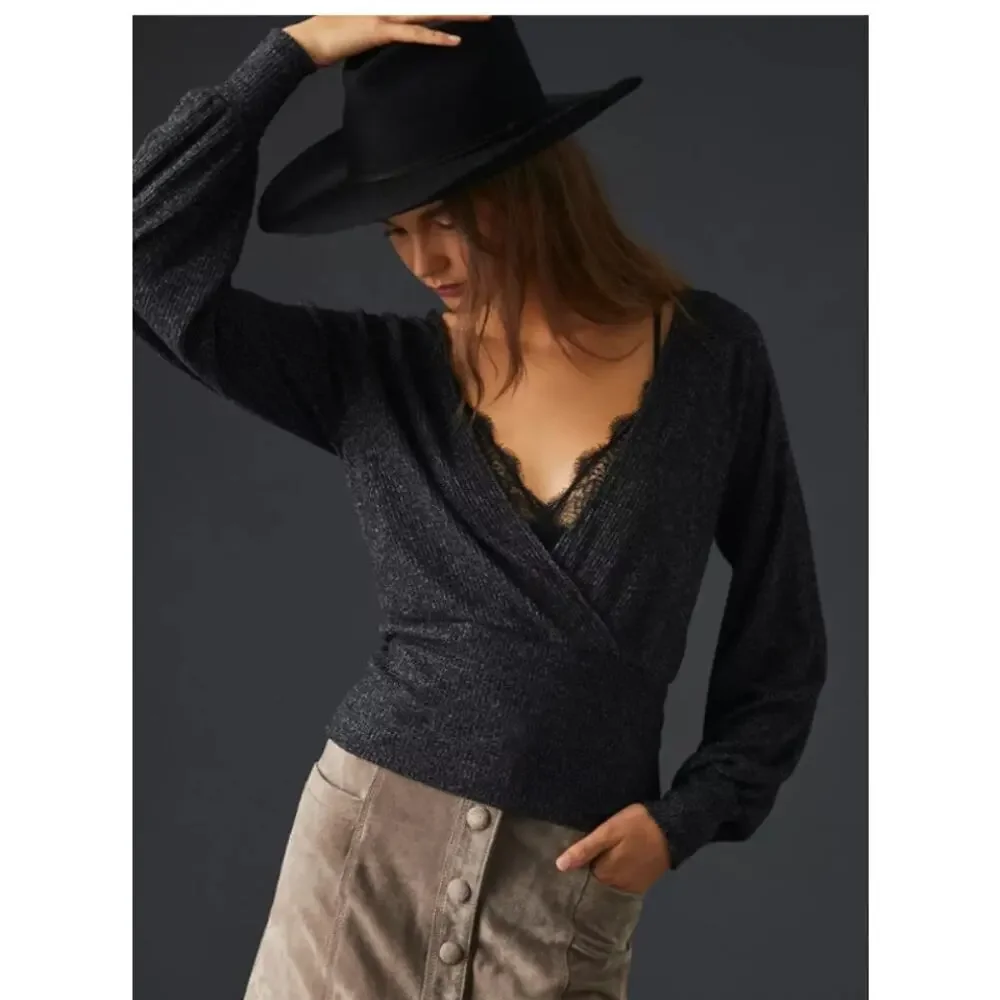 Anthropologie Women's Black Long Sleeve Ribbed Wrapped Sweater Size Medium NWOT - Picture 10 of 10